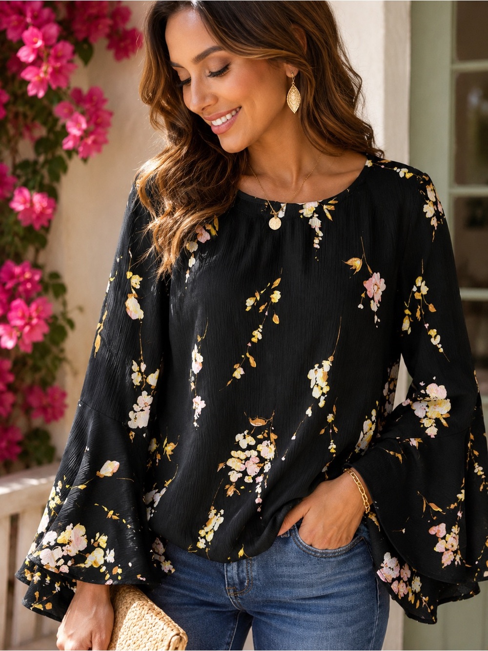 LC Lauren Conrad XL Black Floral Bell Sleeve Blouse Boho Romantic